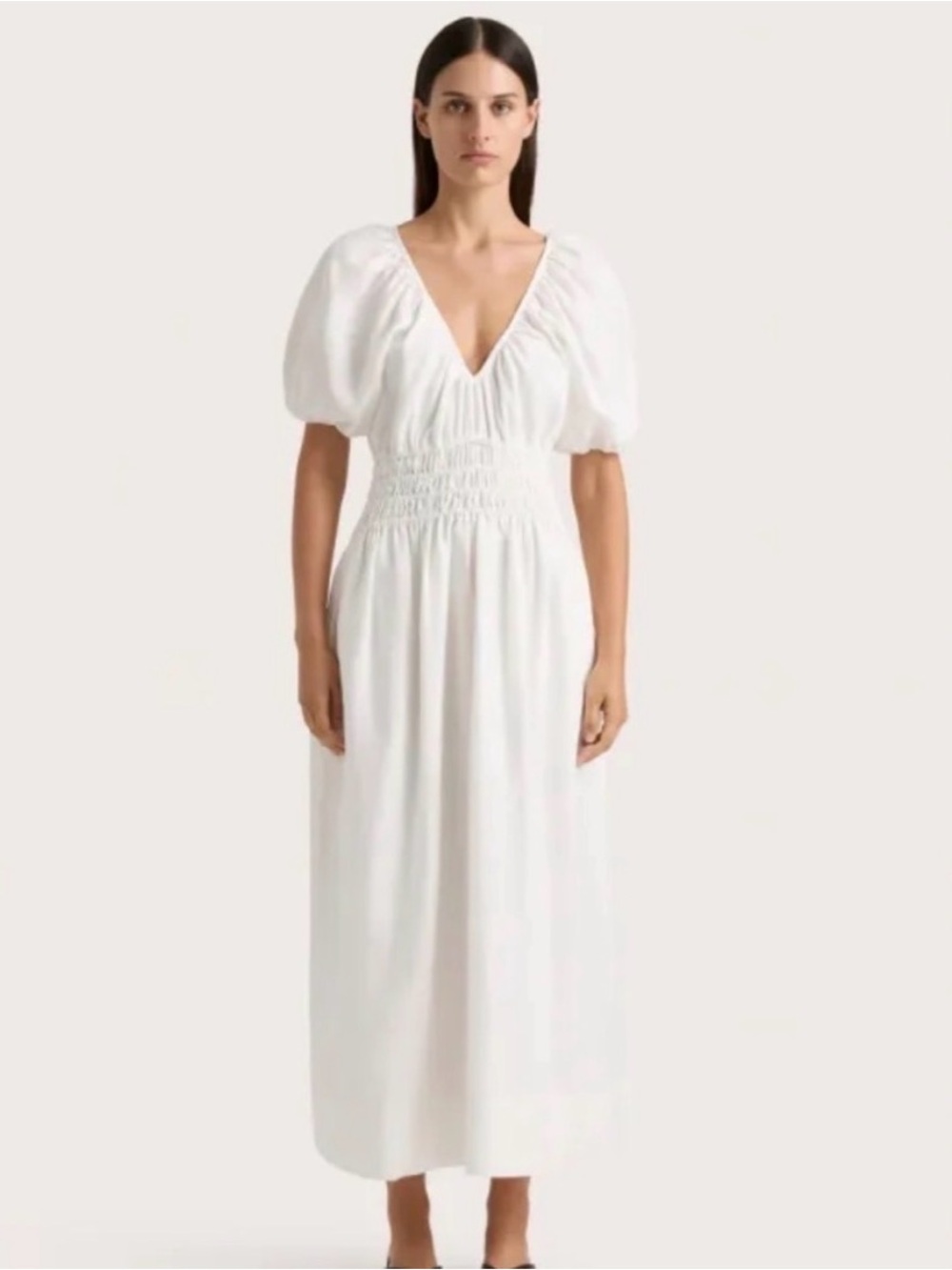Faithfull the Brand White Puff-Sleeve V-Neck Linen Dress, Size 8, NWOT